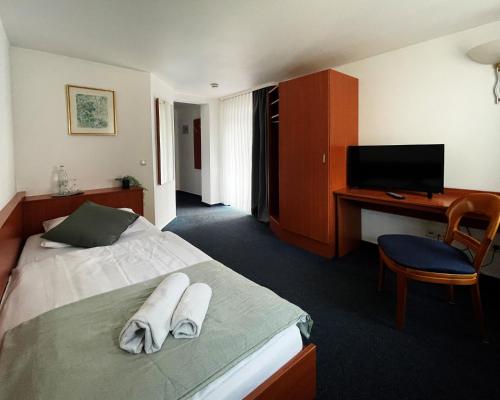 韦特海姆Hotel am Malerwinkel的酒店客房设有一张带书桌的床和一台电视。