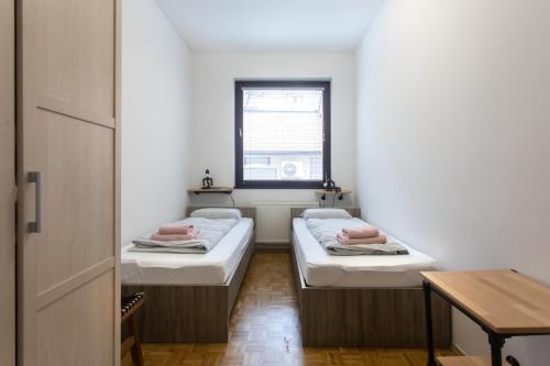 卢布尔雅那BIG PIPE apartment的小型客房 - 带2张床和窗户