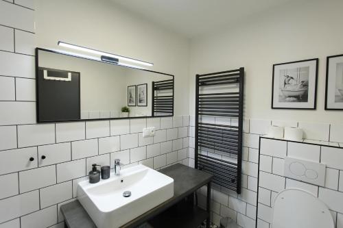 BýšovecApartmány Na Smrčku的白色的浴室设有水槽和镜子