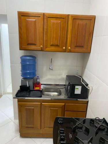 里约热内卢Apartamento Zona Norte 2qts的厨房配有水槽和炉灶 顶部烤箱
