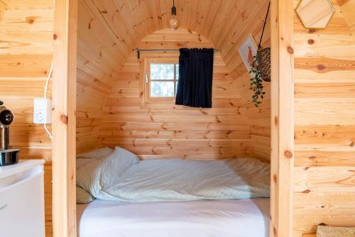 WarmondTiny Camping Pod的小木屋内的一张床位,设有窗户
