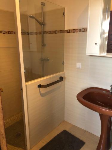 内尔哈Villa Carmen的带淋浴和盥洗盆的浴室