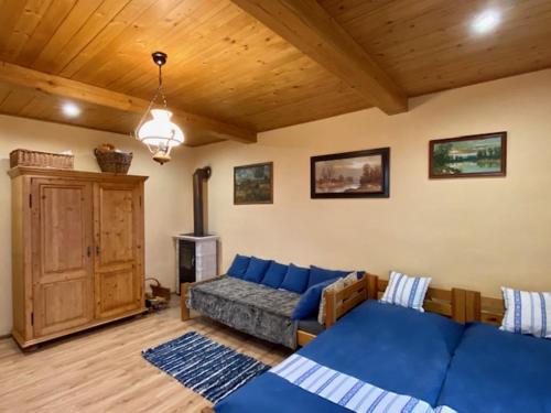 鲁容贝罗克Chalupa u babky的客厅设有蓝色的沙发和木制天花板