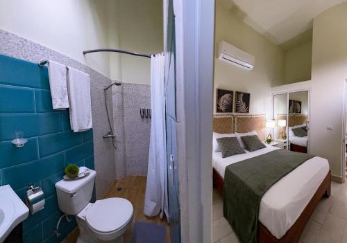 圣多明各Residence Parque的一间带一张床、淋浴和卫生间的浴室