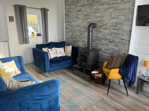 贝尔马利特Glenhill - Newly renovated in a unique location的客厅配有2张蓝色沙发和1个燃木炉子