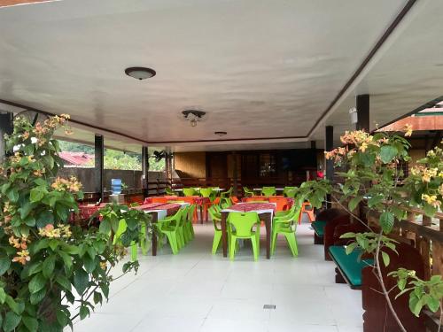 公主港Pinaluyan Guest House的餐厅拥有色彩缤纷的桌椅和植物