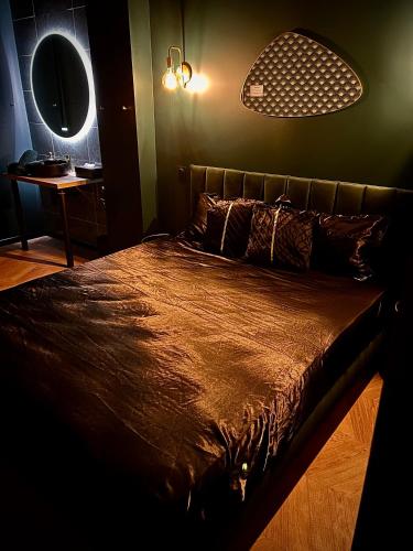 洛特河畔的维伦纽夫La Traversière的黑暗的房间里一张床位,配有灯