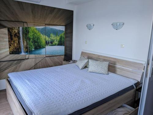 普利兹纳Appartement Blue Lagune 4 Sterne的一间卧室设有一张大床和大窗户