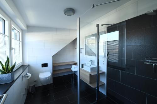 LonguichWeingut Heinen的一间带卫生间和玻璃淋浴间的浴室