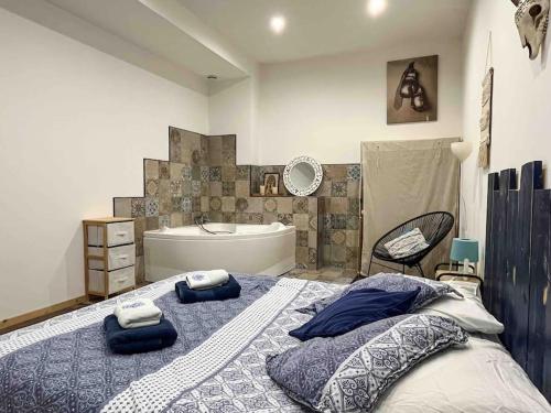 亚眠Appartement cosy hyper-centre 70m2的一间卧室设有一张大床和一个浴缸