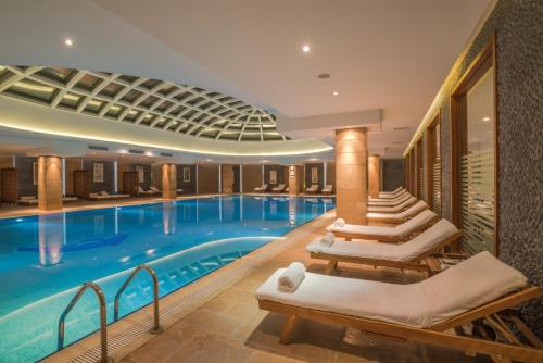 巴库Badamdar Hotel and Residences的酒店设有一个大型游泳池,配有躺椅
