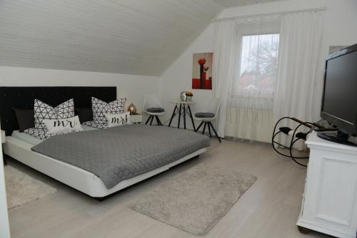 维斯普雷姆Sommerhaus的一间卧室配有一张大床和电视