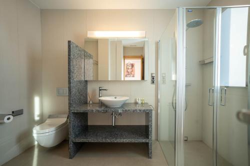 Can FurnetEs Maiols Casa B的一间带水槽、卫生间和镜子的浴室