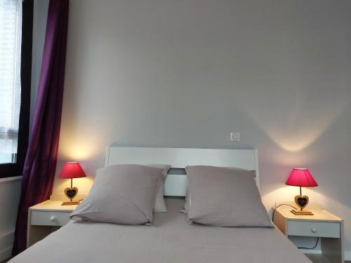 福龙河畔拉罗什Logement tout confort au coeur de la Haute-Savoie - Le Barycentre的卧室配有带两盏灯的白色床