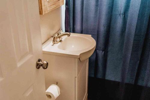MeadLake Access Quad-plex - 28的浴室设有水槽和蓝色的浴帘