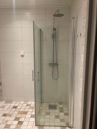 Utterbyn/Sirsjön的浴室里设有玻璃门淋浴