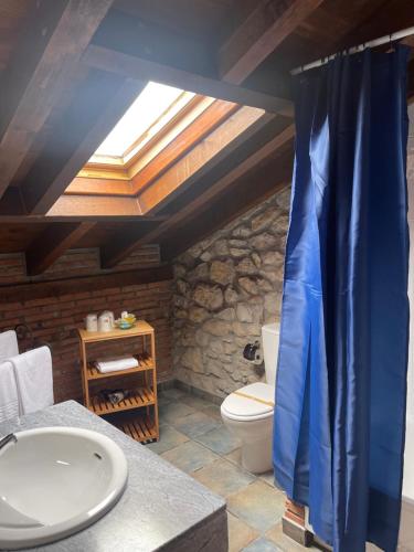 桑提亚纳德玛Posada La Llosa de Viveda - Adults Only的浴室设有卫生间和蓝色的浴帘。