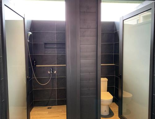 冬山乡富英农舍·莫兰迪色系主题防空洞的带淋浴和卫生间的浴室