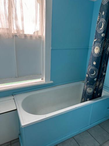 PahiatuaClub Hotel Pahiatua的蓝色浴室设有浴缸,浴室设有窗户