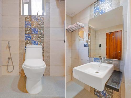 特里凡得琅Pallava Rajadhani的浴室的两张照片,配有卫生间和水槽