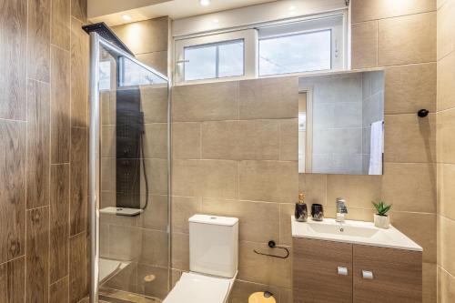 KalórroumaVilla Thamyris的浴室配有卫生间、淋浴和盥洗盆。