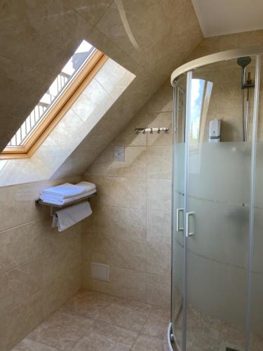 HadyachГотель Едем的阁楼浴室配有淋浴和天窗。
