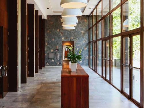 伊瓜苏港伊瓜苏美居伊露酒店的带有盆栽植物的建筑物走廊