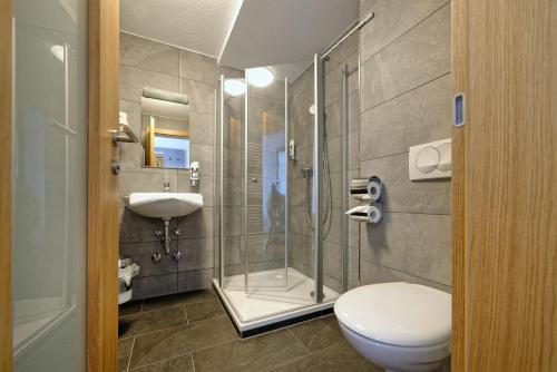 艾格斯塔特17辛酒店的带淋浴、卫生间和盥洗盆的浴室