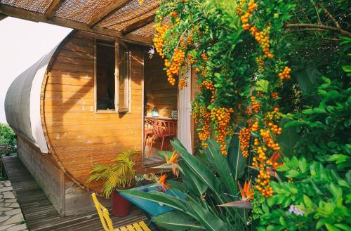圣皮埃尔Le Myranoa, bungalow/tonneau的一座带一束橙色花的小木屋