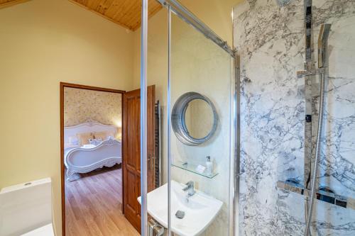 CrayWildcat Lodge的带淋浴、盥洗盆和镜子的浴室