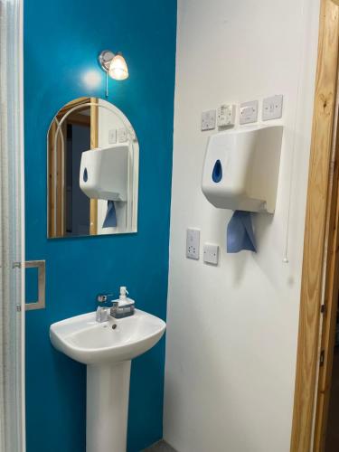 朗塞斯顿Rosehip Barn的一间带水槽和镜子的浴室