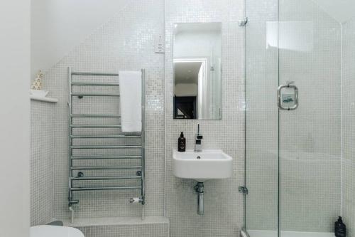 BuckinghamshireHollyhock Lodge的带淋浴、盥洗盆和淋浴的浴室