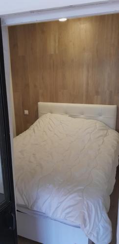 EnchastrayesAppartement 2 ch 40 m2 au pied des pistes de ski的木墙客房内的一张白色床