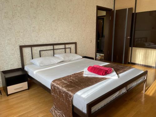 第聂伯罗Doba In Ua Peremoga Apartments的一间卧室配有一张带红色毛巾的床