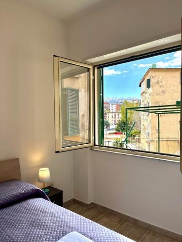 那不勒斯Il Rifugio Dei Partenopei的一间卧室设有一张床和一个大窗户
