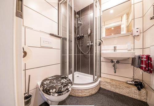 坦海姆Toskanahaus, NJUALMS的带淋浴、卫生间和盥洗盆的浴室