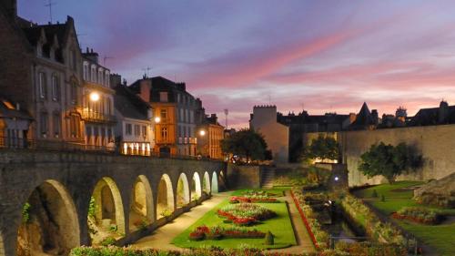瓦讷Gîte Loufiosa Vannes的享有城市的夜间美景,设有一座桥