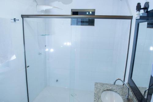 伊瓜苏Hotel Iguaçu Centro的浴室内带水槽的玻璃淋浴间