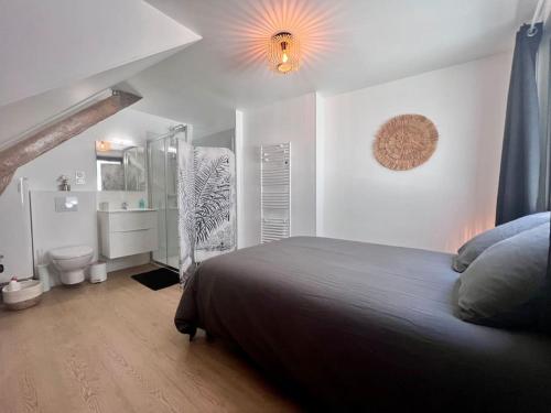 布里夫拉盖亚尔德Casa Bondy - Sublime T2 Refait à Neuf - Hyper Centre de Brive的一间卧室设有一张床和一间浴室。