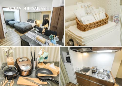 大阪Ocean Shinsaibashi的厨房和客厅的照片拼合在一起