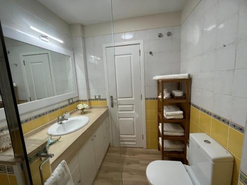 圣乌尔苏拉La Quinta Paradise的一间带水槽、卫生间和镜子的浴室