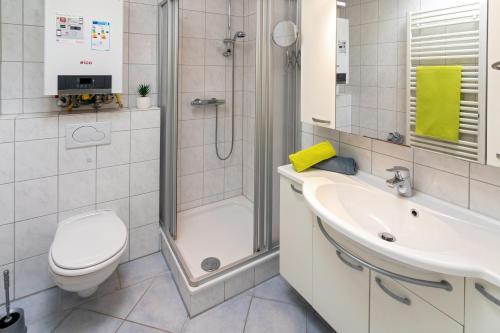 诺德代希Ferienhaus Seeschwalbe的带淋浴卫生间和盥洗盆的浴室