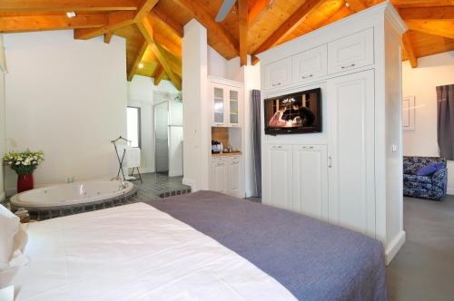 哈德内斯哈德内斯229度假屋的一间卧室配有一张床、一个浴缸和一台电视。