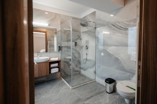 ScheiaHotel Ariata的带淋浴、卫生间和盥洗盆的浴室