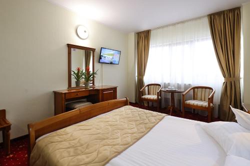 雅西摩尔多瓦酒店 的酒店客房设有床、桌子和窗户。