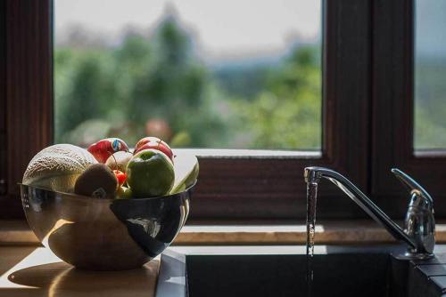 奥通我的最爱度假屋的坐在窗边的柜台上的一碗水果