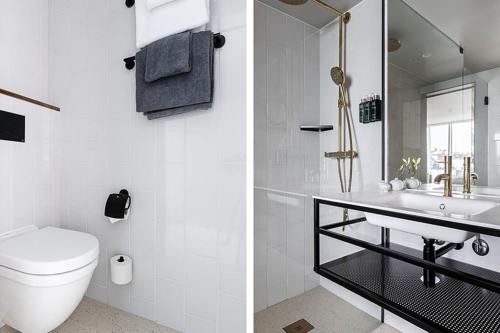 斯德哥尔摩阿姆瑞特克拉丽奥酒店的白色的浴室设有卫生间和水槽。