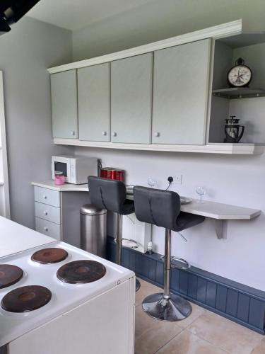 特拉利Eva Lodge的厨房配有白色橱柜和炉灶烤箱。