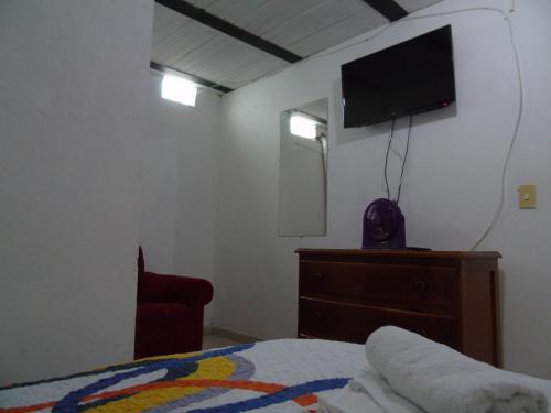 贾丁Europa Ecotours的卧室配有一张床,墙上配有电视。