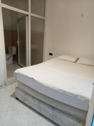 乌沙克Modestus pansiyon otel的带浴室的客房内的一张白色床